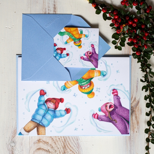 Winter greeting card, kids enjoying the snow - pencil illustration