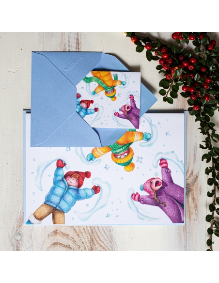 Winter greeting card, kids enjoying the snow - pencil illustration