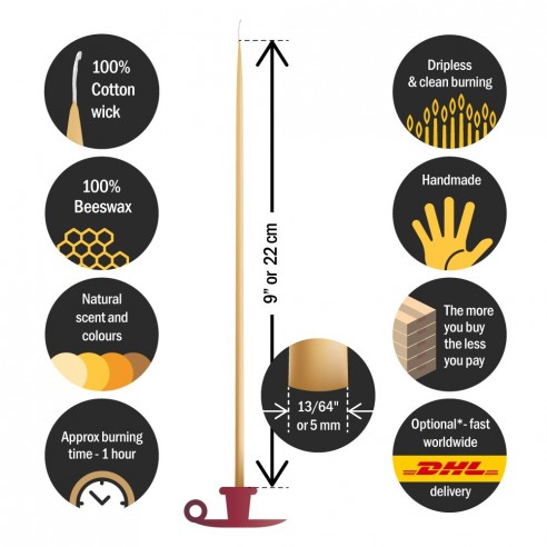 Dipped beeswax taper candles - slim, 22cm, 9"
