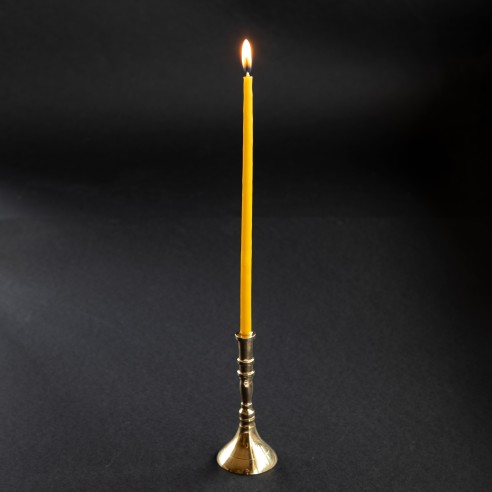 Small gold-colored candlestick for slim tapper candles, conic, brass